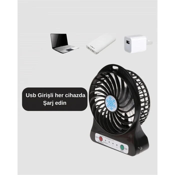 Şarjlı USB Fan – Masaüstü Mini Vantilatör, Taşınabilir, Işıklı, 3 Kademeli, Sessiz