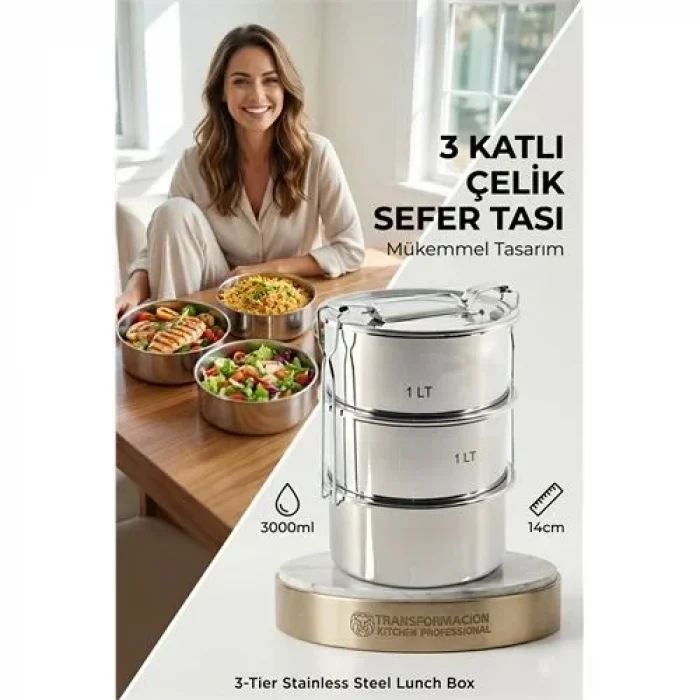 Sefer Tası Yemek Kabı Paslanmaz Çelik 3 Katlı 14 Cm 3 Litre 721366