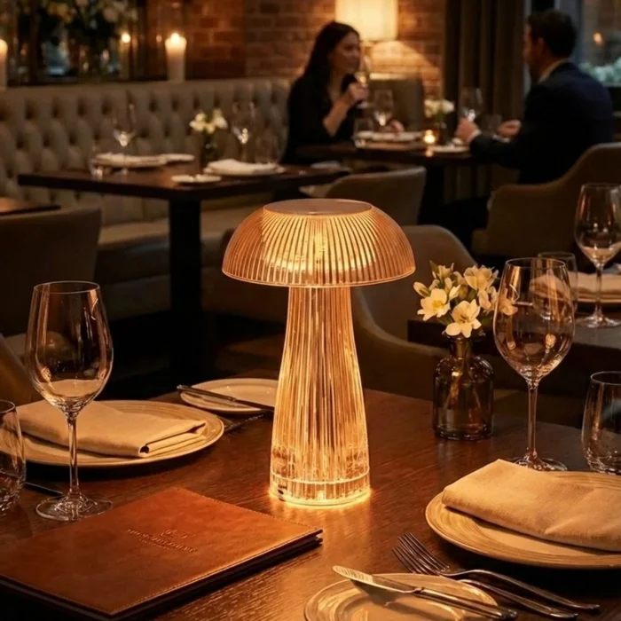 Şeffaf Mantar Model LED Masa Lambası –Kumandalı Şarjlı, Dokunmatik, Rengarek Işık Modlu Dekoratif Gece Lambası (5047)