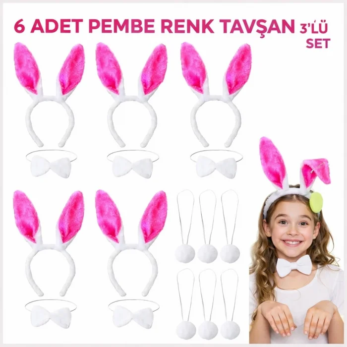 Şeker Pembesi Tavşan Sahne Seti 6'lı Set Taç Papyon Kuyruk (5047)