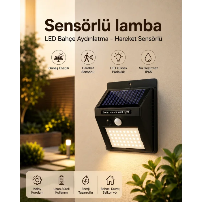 Sensörlü, Güneş Enerjili LED Duvar Lambası Bahçe ve Balkon Aydınlatma