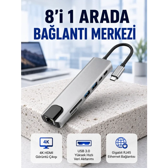 Seyahat Dostu 8‑in‑1 Hub – Şarj & Veri & Video & Ağ için Eksiksiz Çözüm (Kopya)