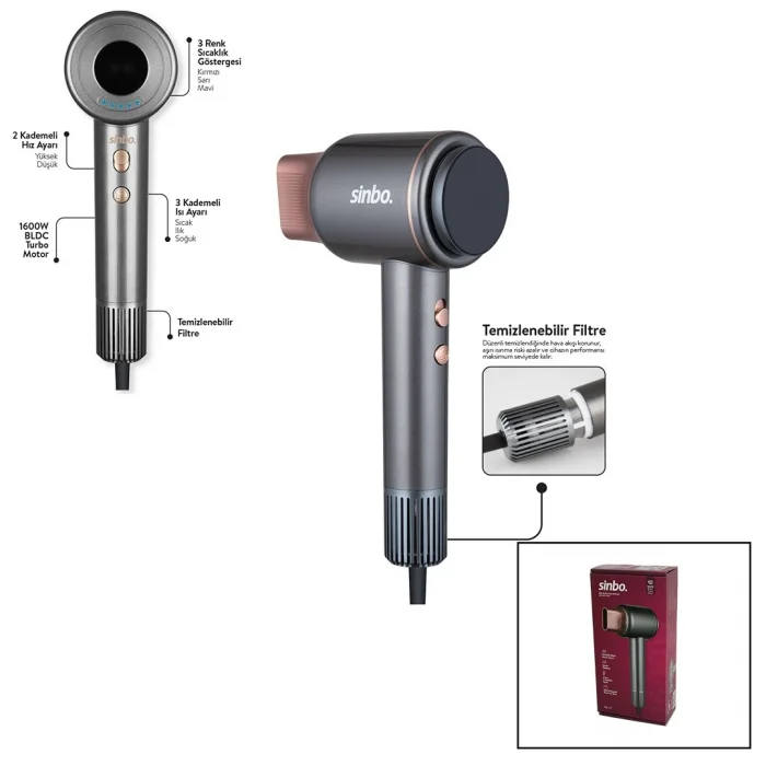 SHD-1717 BLDC TURBO MOTOR TOKMAK MODEL SAÇ KURUTMA MAKİNESİ 1600W 2-KDM.HIZ 3-KDM.SICAKLIK YAPIŞKANLI ASKI