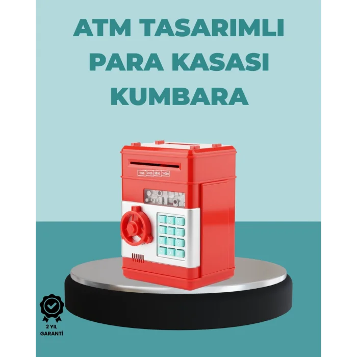 Şifreli Kırmızı ATM Tasarımlı Çelik Kasa Görünümlü Kumbara