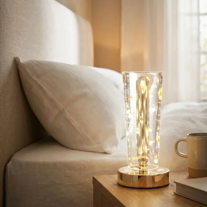 Silindirik Kristal Altın Toz Model LED Masa Lambası – Gold Tabanlı, Dokunmatik, 3 Renk Işık Modlu, Şarjlı Modern Dekoratif Gece Lambası