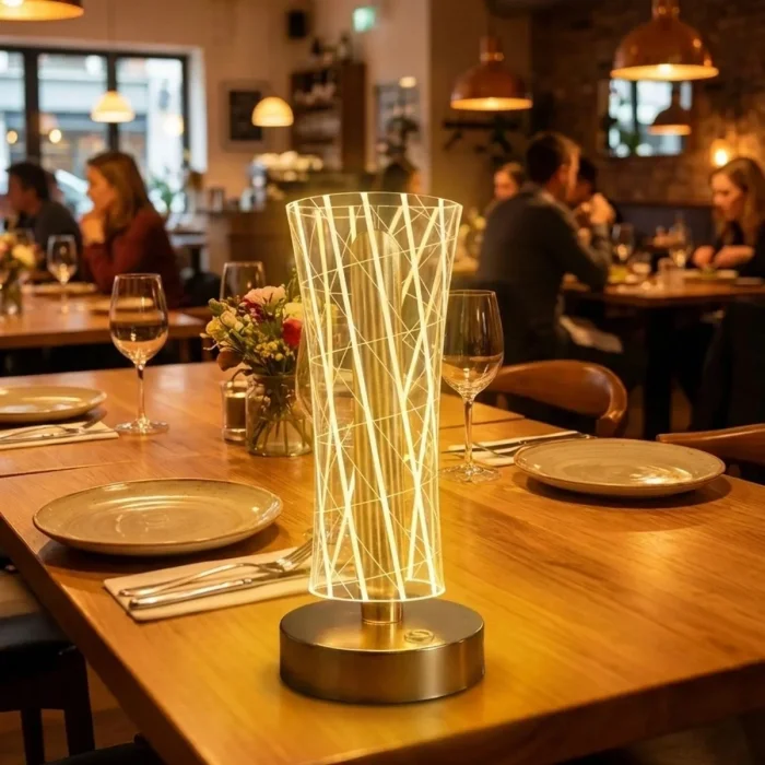 Silindirik Kristal Çizgi Model LED Masa Lambası – Gold Tabanlı, Dokunmatik, 3 Renk Işık Modlu, Şarjlı Modern Dekoratif Gece Lambası