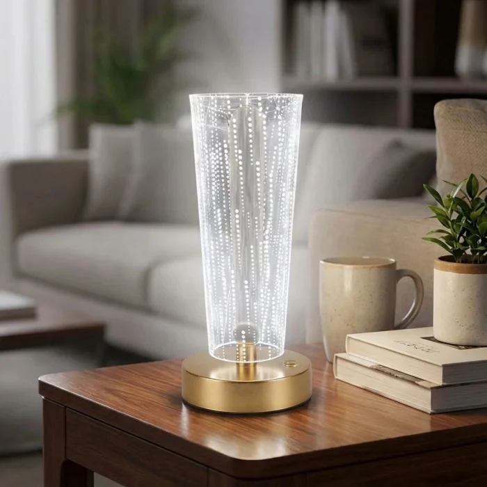 Silindirik Kristal Nokta Model LED Masa Lambası – Gold Tabanlı, Dokunmatik, 3 Renk Işık Modlu, Şarjlı Modern Dekoratif Gece Lambası (5047)