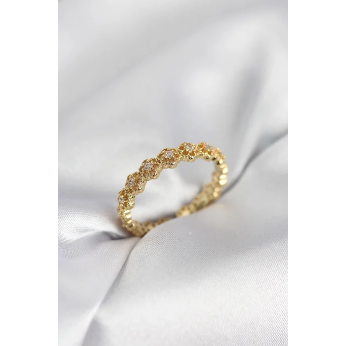 Sıralı Çiçek Model Gold Renk Zirkon Taşlı Kadın Yüzük