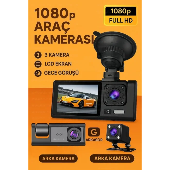 Siyah 1080p Araç İçi 3 Kameralı Lcd Ekranlı Gece Görüşlü , G-sensör , Geri Görüş Kamera