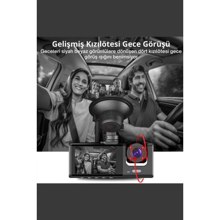 Siyah 1080p Araç İçi 3 Kameralı Lcd Ekranlı Gece Görüşlü , G-sensör , Geri Görüş Kamera