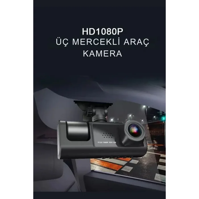Siyah 1080p Araç İçi 3 Kameralı Lcd Ekranlı Gece Görüşlü , G-sensör , Geri Görüş Kamera