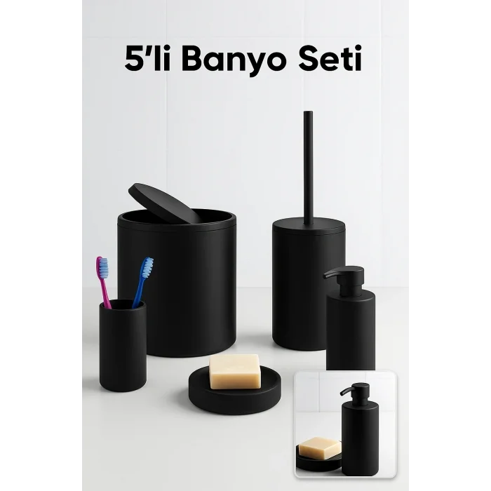 Siyah 5’li Banyo Seti – Çöp Kovası, Tuvalet Fırçası, Sabunluk Ve Aksesuarlar