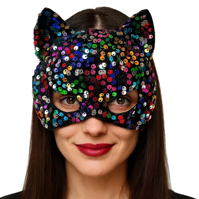 Siyah Kadife Kumaş Üzerine Rengarenk Payetli Pullu Parti Maskesi 16x14 cm
