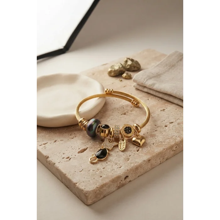 Siyah Kedi Model Gold Renk Charmlı Bileklik