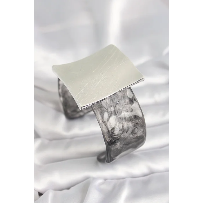 Siyah Mermer Desen Akrilik Plastik Gümüş Kare Plaka Model Vintage Kadın Bilezik