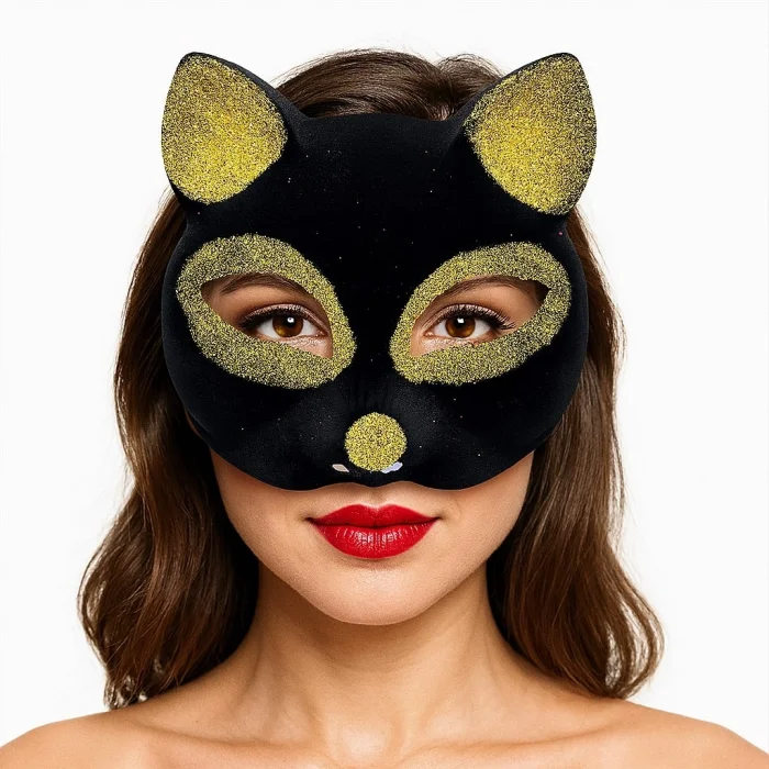 Siyah Renk Gold Simli Süet Kaplama Kedi Maskesi 18x14 cm