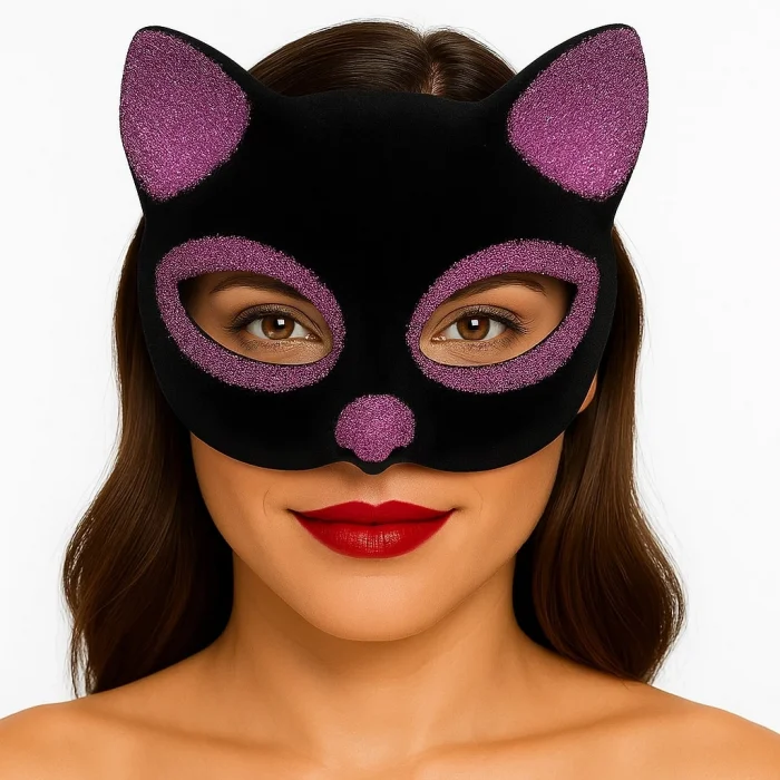 Siyah Renk Pembe Simli Süet Kaplama Kedi Maskesi 18x14 cm