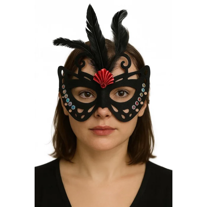 Siyah Renk Siyah Süet Kaplama Tüylü Kelebek Figür Parti Maskesi 24x18 cm