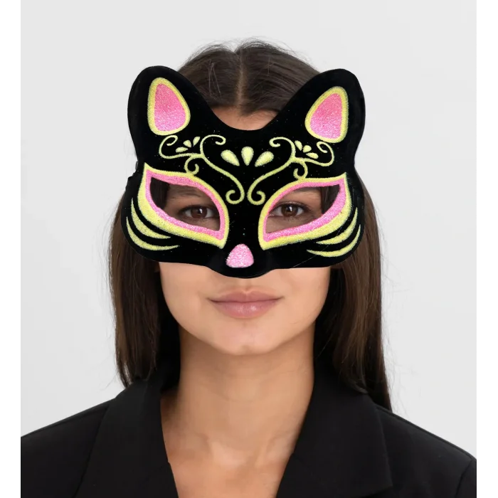 Siyah Renk Süet Kaplama Üzeri Pembe Sarı Simli Kedi Maskesi 17x14 cm (5047)