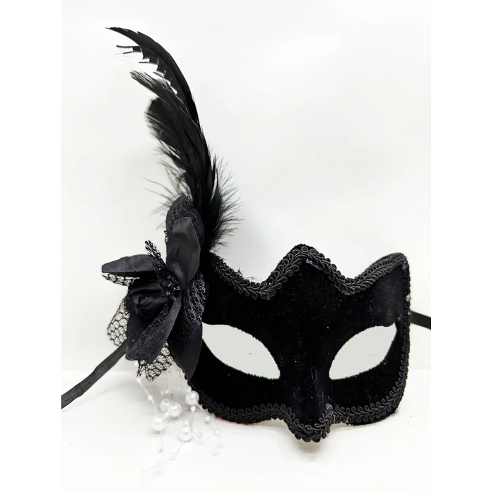 Siyah Renk Yandan Tüylü Beyaz İncili Süet Kaplama A Kalite Lüks Parti Maskesi 20x23 cm (5047)