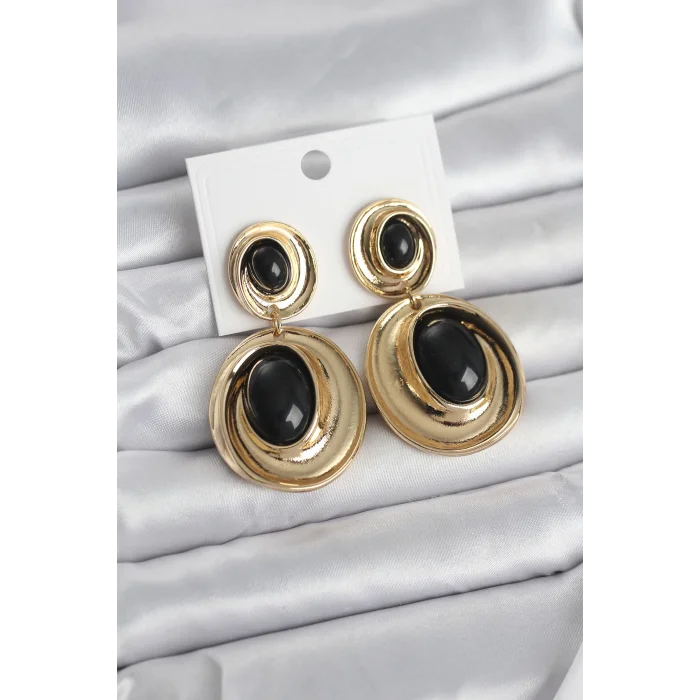 Siyah Sallantılı Damla Model Gold Renk Vintage Kadın Küpe