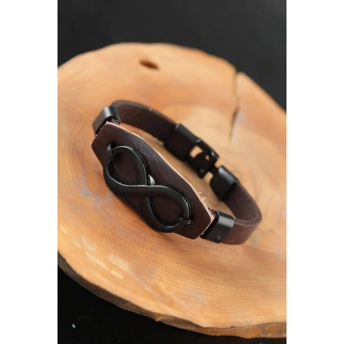Siyah Sonsuzluklu Metal Aksesuarlı Kahverengi Deri Erkek Bileklik
