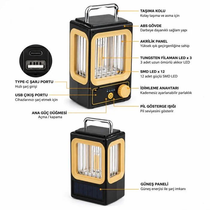 SOLAR - GÜNEŞ ENERJİLİ USB ŞARJLI NOSTALJİ SOLAR LAMBA 1500mAh HS-234 (5047)