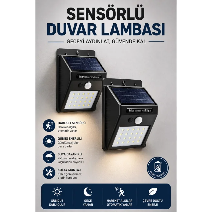 Solar Sensörlü Duvar Lambası Bahçe Lamba 20 Led Işık