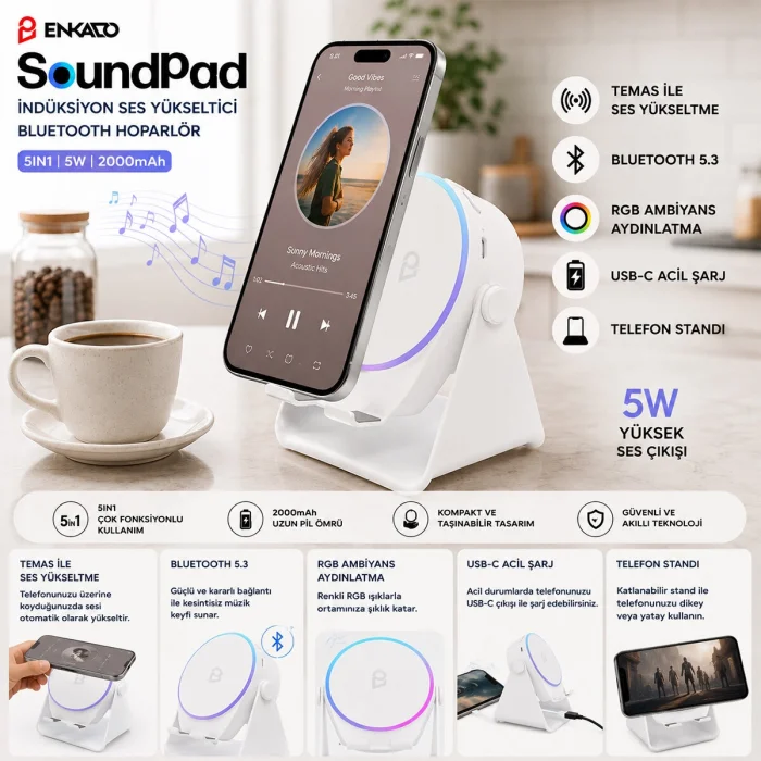 SOUNDPAD 5IN1 - 5W - 2000mAh TEMAS İLE SES YÜKSELTME - TELEFON STAND - USB-C ŞARJ BEYAZ İNDİKSİYON SES YÜKSELTİCİ BLUETOOTH HOPARLÖR SPEAKER EKD-S11 (5047)