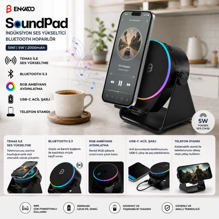 SOUNDPAD 5IN1 - 5W - 2000mAh TEMAS İLE SES YÜKSELTME - TELEFON STAND - USB-C ŞARJ SİYAH İNDİKSİYON SES YÜKSELTİCİ BLUETOOTH HOPARLÖR SPEAKER EKD-S10 (5047)