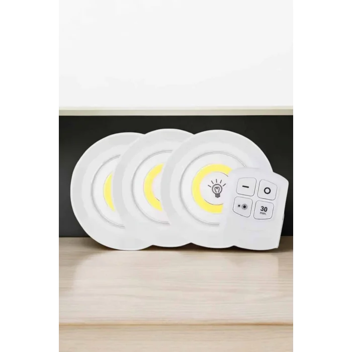 Spot Lamba Led Işık 3lü Uzaktan Kumandalı Pilli Yapışkanlı Kablosuz