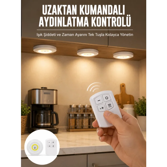 Spot Lamba Led Işık 3lü Uzaktan Kumandalı Pilli Yapışkanlı Kablosuz Yeni Nesil