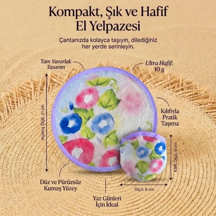 Sulu Boya Çiçek Desenli Katlanabilir Cep Yelpazesi - Kılıflı Yuvarlak Kumaş El Yelpazesi (5047)