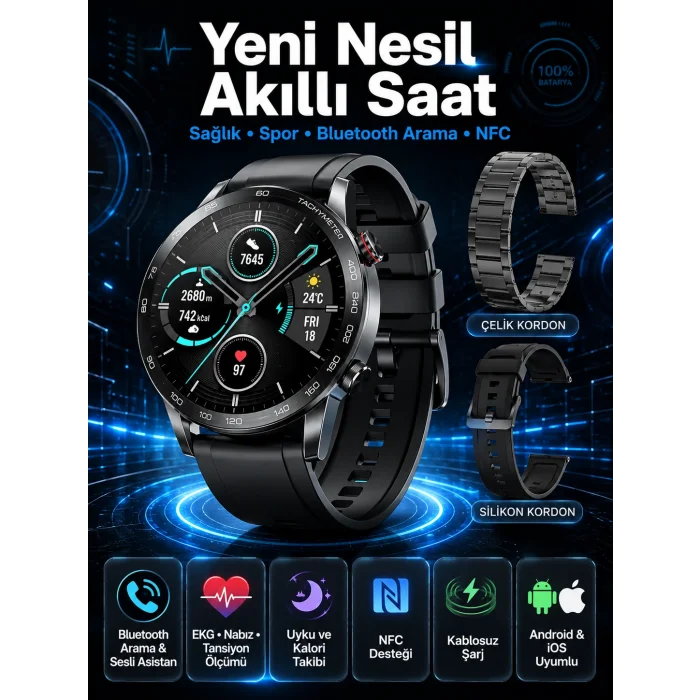 Suya Dayanıklı Dokunmatik Akıllı Saat Bluetooth 5.0, Sesli Asistan ve Sağlık Takibi