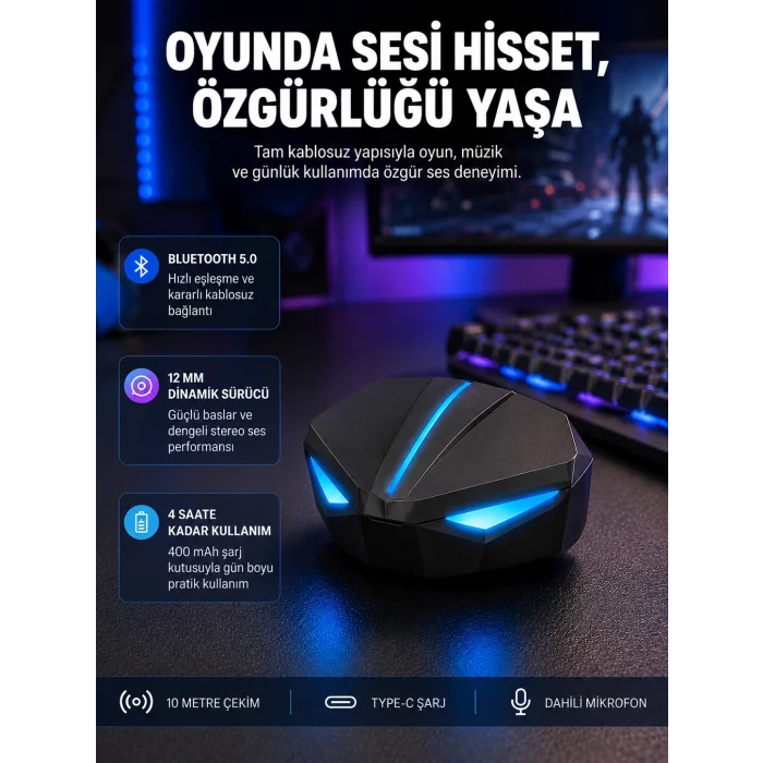 Tam Kablosuz Oyuncu Kulaklığı 5.0 Bluetooth LED Kontrollü Yeni Nesil