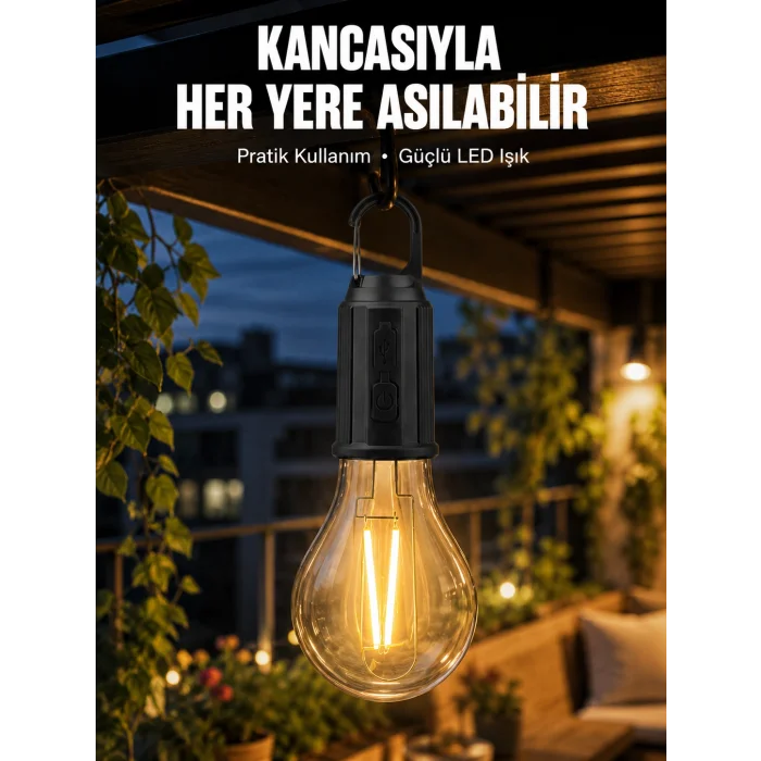 Taşınabilir Şarjlı Led Ampul Askılı Lamba Kamp Bahçe Lambası