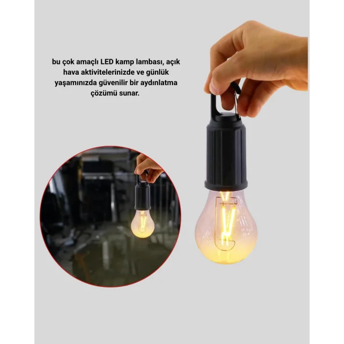 Taşınabilir Şarjlı LED Kamp Lambası – Type-C Girişli ve Kancalı Tasarım