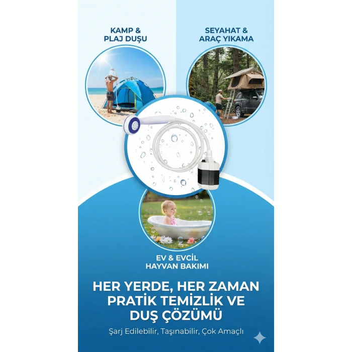 Taşınabilir Şarjlı Seyyar Duş Seti ( Pompa - Hortum - Duş Başlığı )