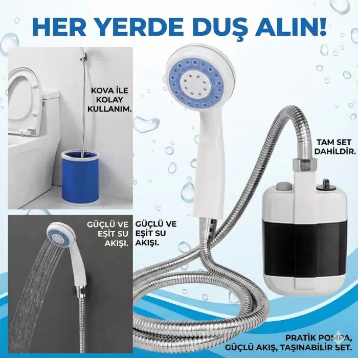 Taşınabilir Şarjlı Seyyar Duş Seti ( Pompa - Hortum - Duş Başlığı )