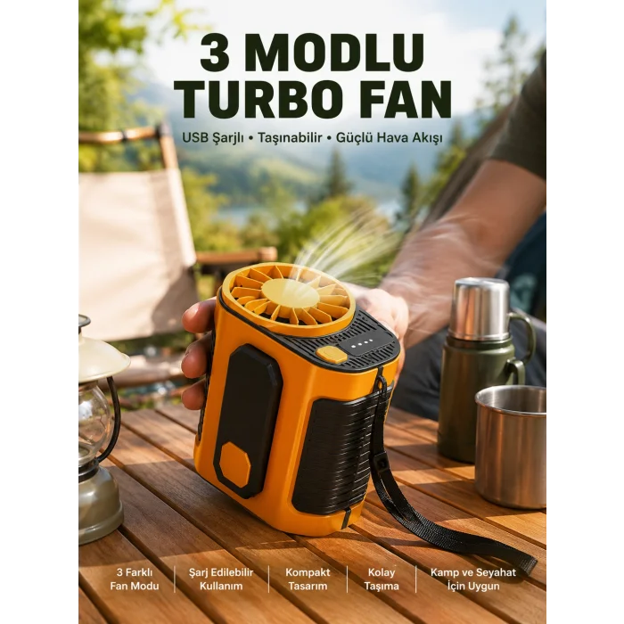 Taşınabilir USB Şarjlı Turbo Fan – 3 Modlu Soğutma, Hafif & Kompakt