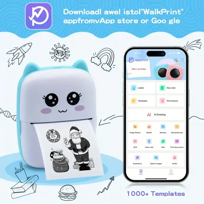 Taşınabilir Yazıcı, Mini Cep Kablosuz Termal Yazıcı Android iOS Akıllı Telefonlar için Uygun, BT Mürekkepsiz Baskı, Etiketler, Fişler, Fotoğraflar, Notlar, Öğrenme (5047)