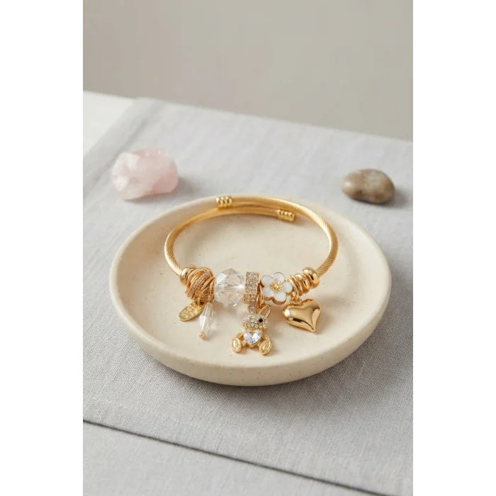 Tavşan Model Gold Renk Beyaz Charmlı Bileklik