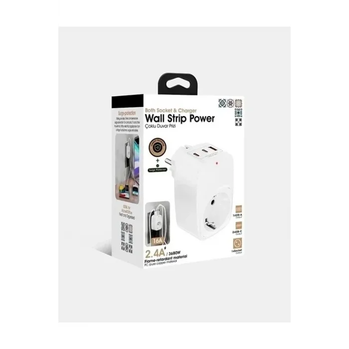Tekli Yüksek Voltaj Korumalı Duvar Prizi 2x Typec 1x Usb Çıkışlı Priz Grup Priz Çoğaltıcı Beyaz