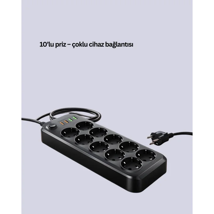 Termal Akım Korumalı 10’lu Grup Priz USB Type-C Hızlı Şarj 2500W 2m Kablo
