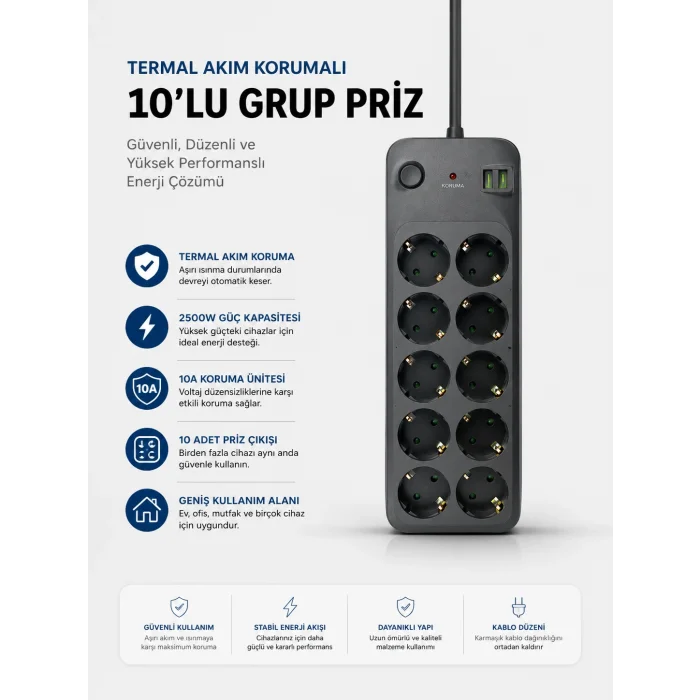 Termal Akım Korumalı USB Type-C Girişli 10lu Grup Priz 2500W Güç Kapasitesi (Kopya)