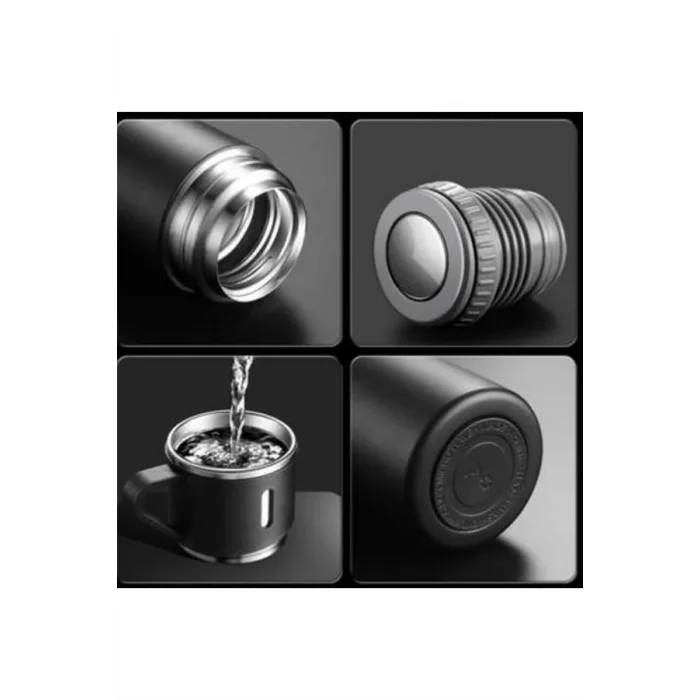 Termos Paslanmaz Çelik Termos Siyah Renk 3 Bardaklı Termos Seti