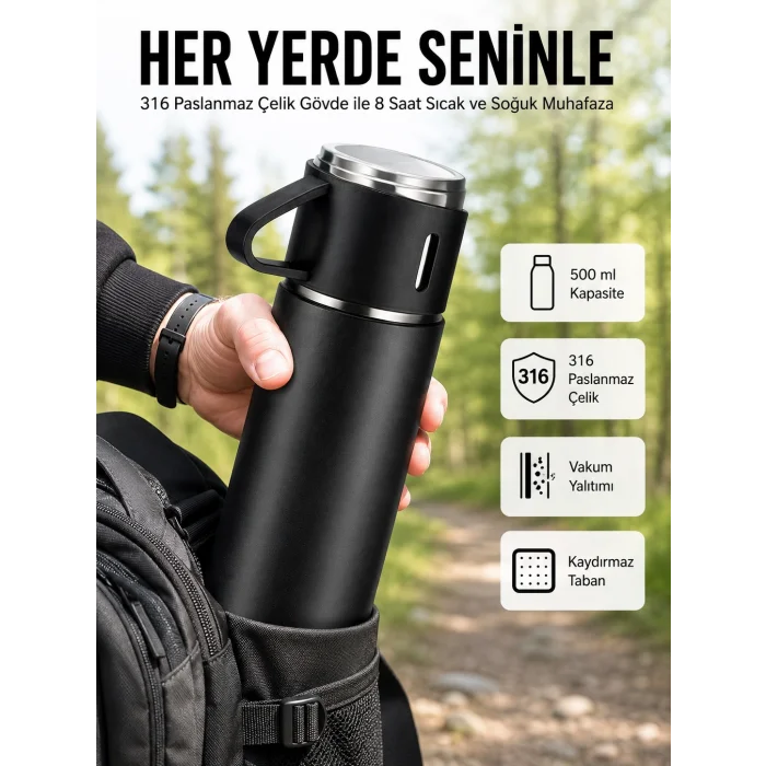 Termos Seti 3lü Bardak Seti Isı Dayanıklı Siyah Paslanmaz Çelik Vakumlu