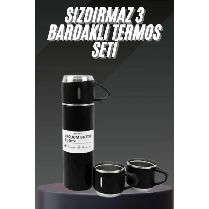 Termos Seti Paslanmaz Çelik 3 Bardaklı Vakumlu Termos Set 500 Ml 12 Saate Kadar Isı Koruma