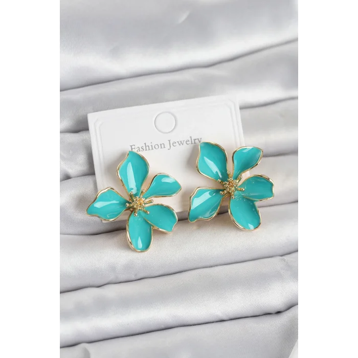 Turkuaz Mineli Çiçek Model Pirinç Kadın Küpe