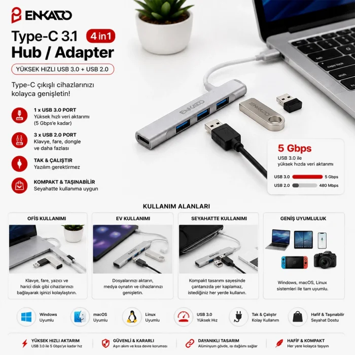TYPE-C 3.1 GİRİŞ 4IN1 USB ÇOĞALTICI 4 ANAHTARLI PORT - HI-SPEED USB 3.0 - USB 2.0 HUB ADAPTÖR EKD-TP50 (5047)